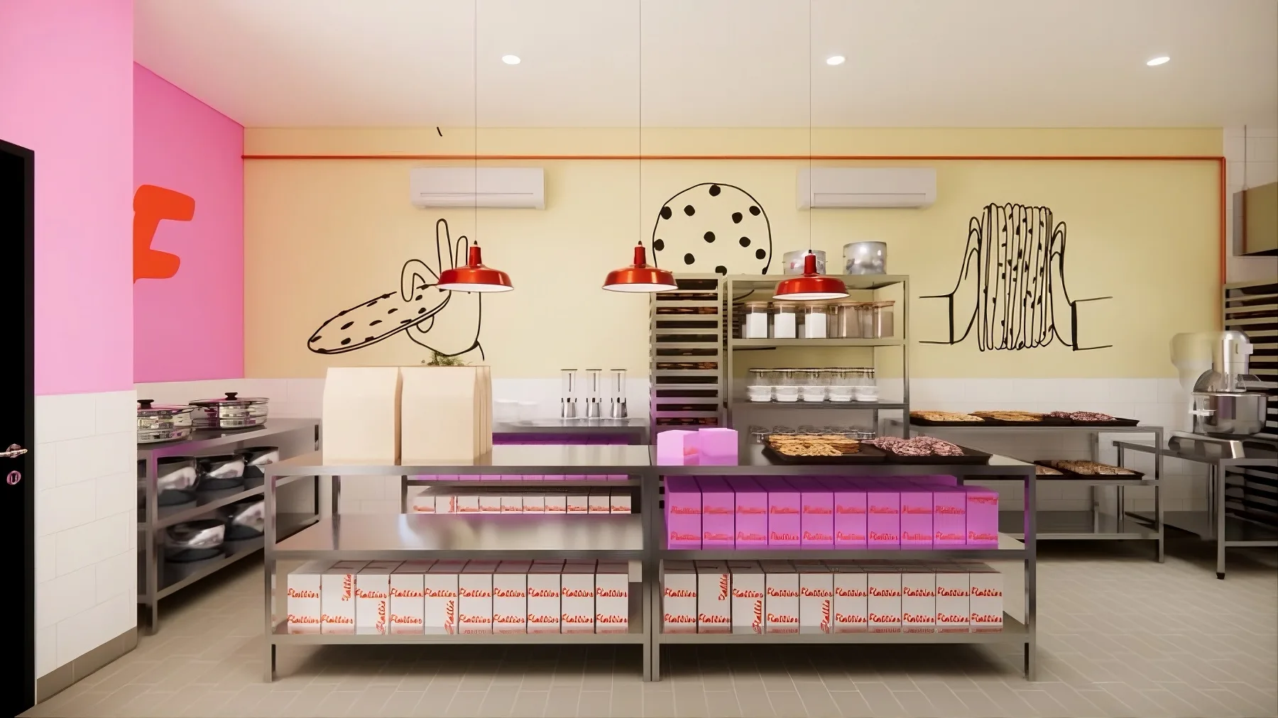 A cozinha da Flatties: bancadas de inox com caixas rosa e brancas da marca, prateleiras de assadeiras e desenhos de cookie na parede