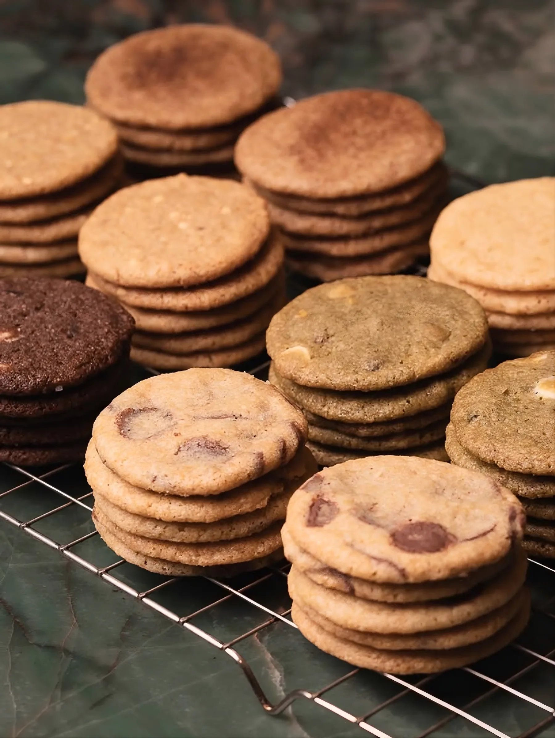 Pilhas de cookies da Flatties sobre uma grade de resfriamento